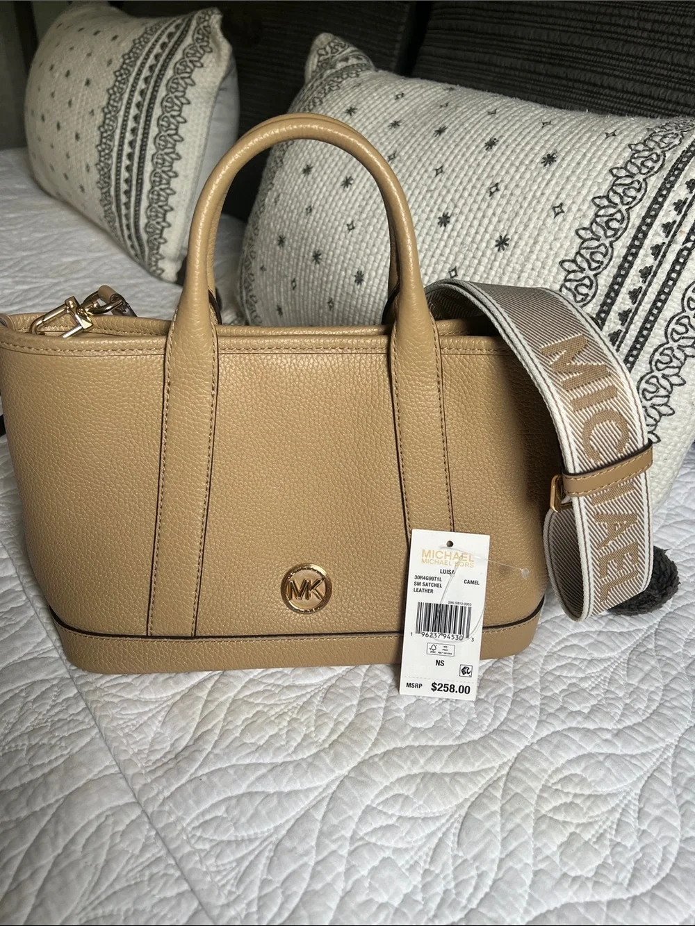 MICHAEL Michael Kors Tan Pebbled Leather Satchel with Branded Strap
